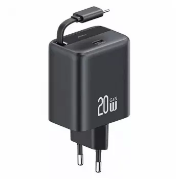 USAMS YC Series GaN 20W USB-C nástěnná nabíječka s vytahovacím kabelem, PD+QC rychlonabíjení, černá (US-CC233)