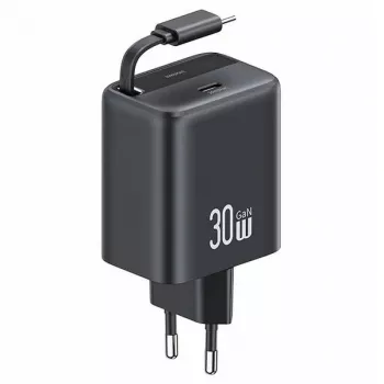 USAMS YC Series CC241TC01 30W GaN USB-C nástěnná nabíječka s vytahovacím USB-C kabelem, PD+QC rychlonabíjení, černá