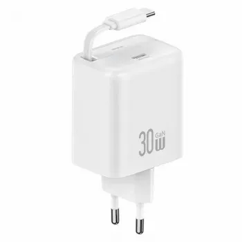 USAMS YC Series CC241TC02 30W GaN USB-C nástěnná nabíječka s vytahovacím USB-C kabelem, PD+QC rychlonabíjení, bílá
