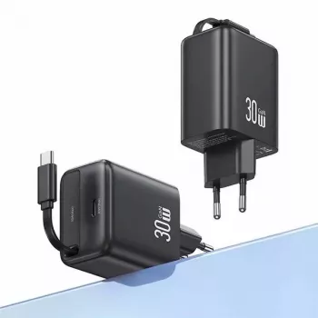 USAMS YC Series CC241TC02 30W GaN USB-C nástěnná nabíječka s vytahovacím USB-C kabelem, PD+QC rychlonabíjení, bílá