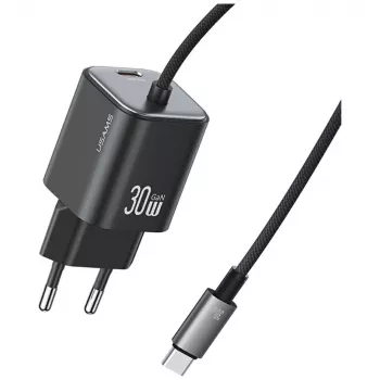 USAMS 30W GaN rychlonabíječka s USB-C kabelem (černá, EU zástrčka)