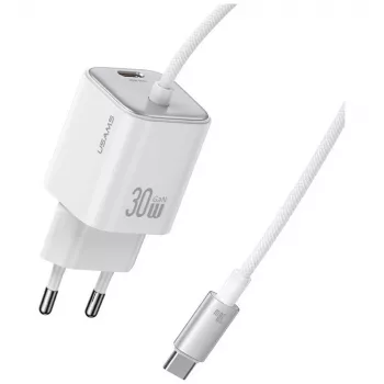 Mini rychlonabíječka USAMS JC Series CC264 30W GaN, USB-C s vestavěným kabelem USB-C, bílá