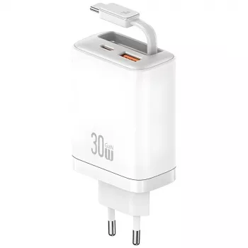 USAMS Xiang Series CC296 30W USB-C/USB-A nabíječka s USB-C kabelem bílá