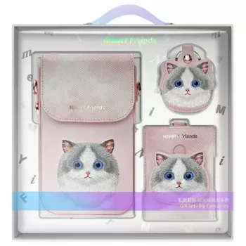 Sada Nimmy 3v1 crossbody pouzdro na telefon, peněženka a držák na tracker růžová Big Eyed Pet 2.0 Cat
