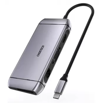 CHOETECH 9v1 multifunkční USB-C hub - 3x USB 3.2 Gen 1, čtečka karet SD/TF, HDMI 4K 30Hz, VGA Full HD 60Hz, USB-C PD, RJ45 Gigabit Ethernet, šedý (HUB-M15)