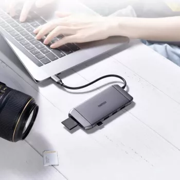 CHOETECH 9v1 multifunkční USB-C hub - 3x USB 3.2 Gen 1, čtečka karet SD/TF, HDMI 4K 30Hz, VGA Full HD 60Hz, USB-C PD, RJ45 Gigabit Ethernet, šedý (HUB-M15)