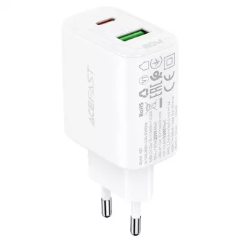 Acefast A25 síťový adaptér, USB + USB-C, PD 20W (bílý)