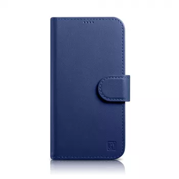 Peněženkové pouzdro iCarer Wallet Case 2v1 pro iPhone 14 Plus - flipové pouzdro z pravé kůže s RFID blokací, přihrádkami na karty, stojánkem - modré