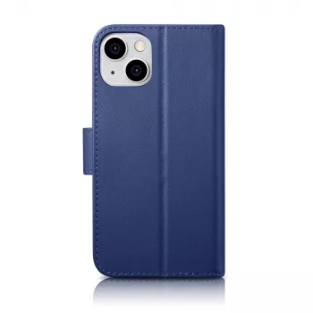 Peněženkové pouzdro iCarer Wallet Case 2v1 pro iPhone 14 Plus - flipové pouzdro z pravé kůže s RFID blokací, přihrádkami na karty, stojánkem - modré