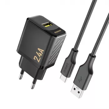 Dudao A23TEU 12W USB-A Wall Charger with 1m USB-A to USB-C Cable, Black