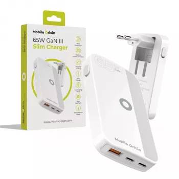 Mobile Origin 65W GaN Slim Dual USB-C Single USB-A nástěnná nabíječka, bílá