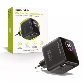 Mobile Origin 65W GaN nabíječka PW3 USB-C odnímatelný kabel 65 cm + USB-A černá