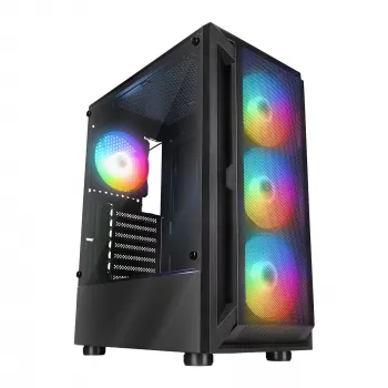 Rampage SHIVA Mid Tower PC skříň s oknem z tvrzeného skla a 4x 120mm Rainbow RGB ventilátory, černá