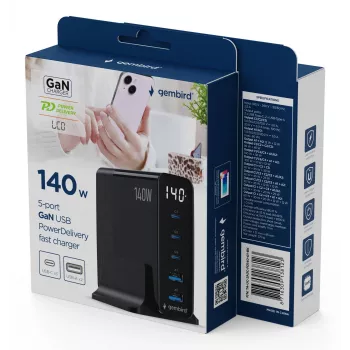 GEMBIRD TA-UC-2A3C-PD140-01-BK GaN 5portová rychlonabíječka USB-C & USB-A, 140 W, černá