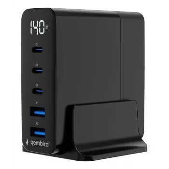 GEMBIRD TA-UC-2A3C-PD140-01-BK GaN 5portová rychlonabíječka USB-C & USB-A, 140 W, černá