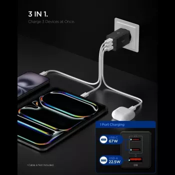 Spigen Essential EE673EU 67W GaN 3-port USB-C/USB-A nástěnná nabíječka černá