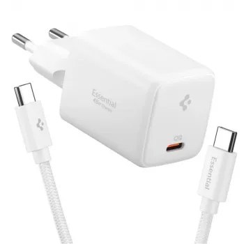 SPIGEN EE451EU Essential 1-port síťová nabíječka 45W + USB-C kabel bílá