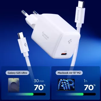 SPIGEN EE451EU Essential 1-port síťová nabíječka 45W + USB-C kabel bílá