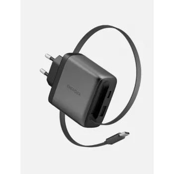 ENERGEA Ampcharge Arc 65W GaN USB-A/USB-C nástěnná nabíječka s vytahovacím USB-C kabelem, gunmetal