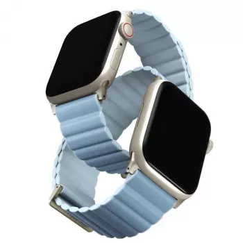 Prémiový oboustranný magnetický kožený řemínek UNIQ Revix Edition pro Apple Watch Series 1/2/3/4/5/6/7/8/9/SE/SE2/SE3 38/40/41 mm, Arctic Blue/Soft Blue