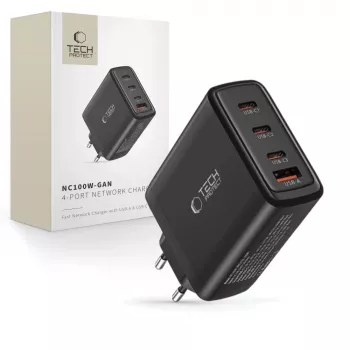 Tech-Protect NC100W-GAN 4-PORT černá GaN nástěnná nabíječka 100W USB-C