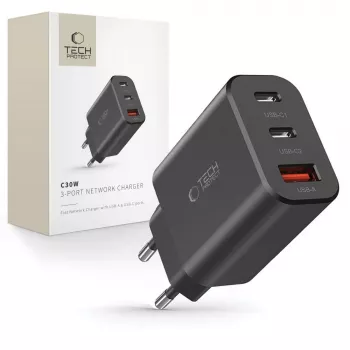 Tech-Protect NC30W 3portová USB-C nabíječka černá 30W