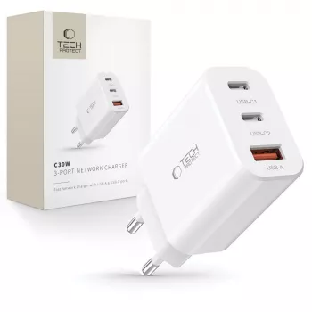 Tech-Protect NC30W 3portová USB-C & USB-A nástěnná nabíječka 30W bílá
