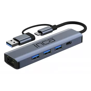 INCA Hub IUTP-5T USB-C/A na 3x USB-A 3.0 / RJ45 5 Gbit/s šedý