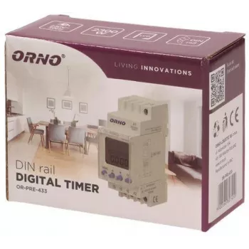 Elektronické týdenní spínací hodiny ORNO OR-PRE-433, DIN lišta, 16 A/3680 W, 16 programů, 230 V