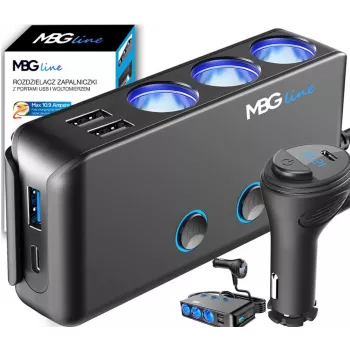 MBG Line HC67C Rozbočovač dvojité zásuvky zapalovače cigaret se 3 porty USB-A, 120 W, černý