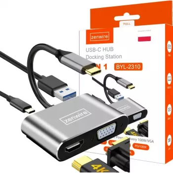USB-C multiport adaptér hub 4v1 ZENWIRE HDMI 4K VGA USB-A Space Gray BYL-2310