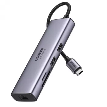 UGREEN 60515 7v1 USB-C hub, 4K 60Hz HDMI, Ethernet, 100 W PD, šedá