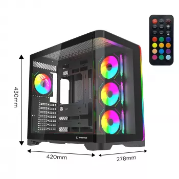 Rampage LYRON Mid Tower herní PC skříň, 7x ARGB PWM ventilátory, tvrzené sklo, černá