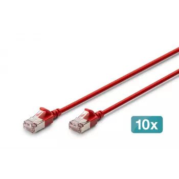DIGITUS CAT 6A F/FTP Slim patch kabel, 0,5 m, červený, 10 ks, LSZH, 10 Gbps