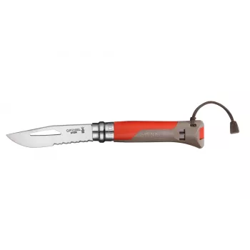 Vícefunkční kapesní nůž Opinel No. 08 Outdoor červený s klíčem na lano a nouzovou píšťalkou