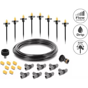 Delock Micro-Drip sada pro květináče – kompletní sada kapkové závlahy pro pokojové rostliny, 10 rostlin, 15 m hlavní hadice, nastavitelné kapkovače, odolná proti UV