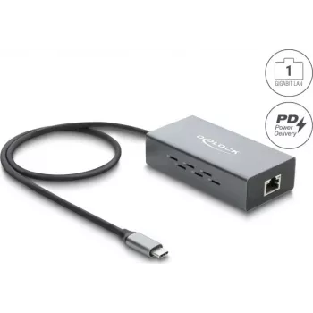 Delock USB Type-C Gigabit Ethernet síťový adaptér s RJ45 PoE a USB Power Delivery