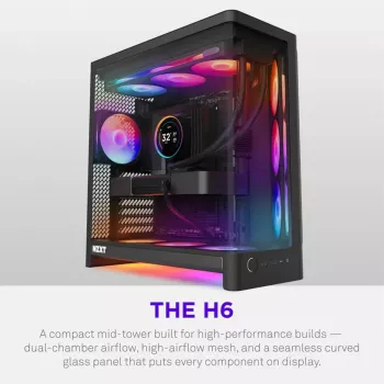 Herní skříň Mid-Tower Airflow NZXT H6 2026, černá, temperované sklo, 3x ventilátory F120Q, USB-C, dvoukomorová