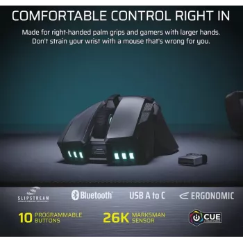 Herní myš CORSAIR Ironclaw Wireless SE – 26 000 DPI, optická, SLIPSTREAM Wireless, Bluetooth, USB, RGB, černá