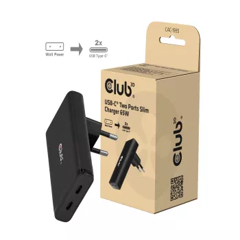 Club 3D CAC-1935 Slim 65W Dual-USB-C-GaN-PD-3.1-PPS nabíječka, černá
