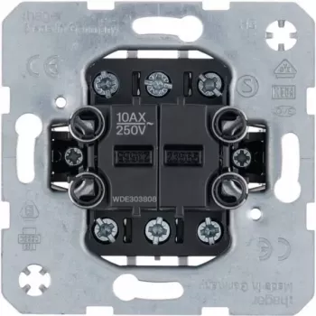 Hager WDE303808 Double Changeover Switch Insert, 2-Gang, 10AX, Flush-Mounted, Separate Inputs
