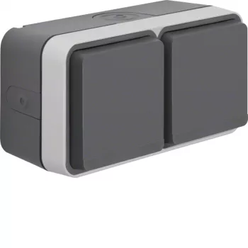 Hager WNC144 Surface-Mounted SCHUKO Double Socket Outlet with Hinged Lid, IP55, Grey