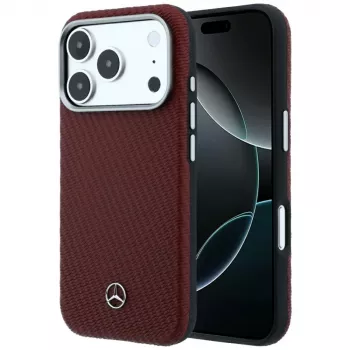 Mercedes kožené Semi Wrap pouzdro s dřevěným efektem MagSafe pro iPhone 18 Pro Max / 17 Pro Max - vínová