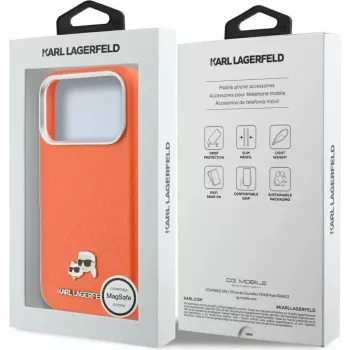 Pouzdro MagSafe Karl Lagerfeld Karl & Choupette Head Pins Saffiano pro iPhone 17 Pro Max – oranžové