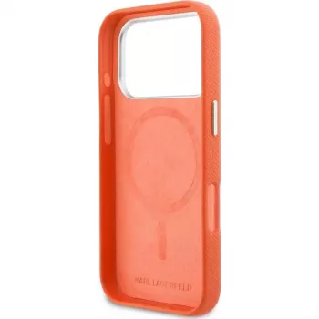 Pouzdro MagSafe Karl Lagerfeld Karl & Choupette Head Pins Saffiano pro iPhone 17 Pro Max – oranžové