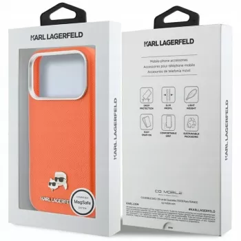 Pouzdro MagSafe Karl Lagerfeld Karl & Choupette Head Pins Saffiano pro iPhone 17 Pro – oranžové