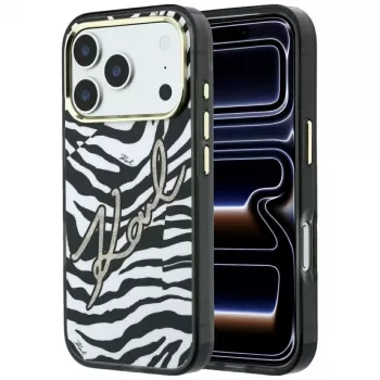 Karl Lagerfeld IML Signature Zebra Glitter MagSafe pouzdro pro iPhone 18 Pro Max / 17 Pro Max - zlatá