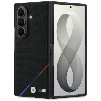 Pouzdro MagSafe BMW M Leather Perforated Tricolor Stripe Metal Logos pro Samsung Galaxy Z Fold8 Ultra – černé