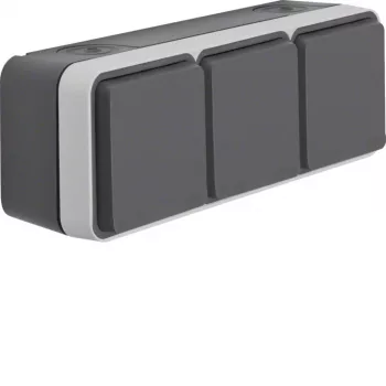 Hager WNC143 Surface-Mounted Triple SCHUKO Socket Outlet with Hinged Lids, IP55, Grey