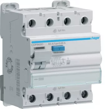 Hager CDF663D proudový chránič, 4pólový, 63 A, 30 mA, typ F, 10 kA